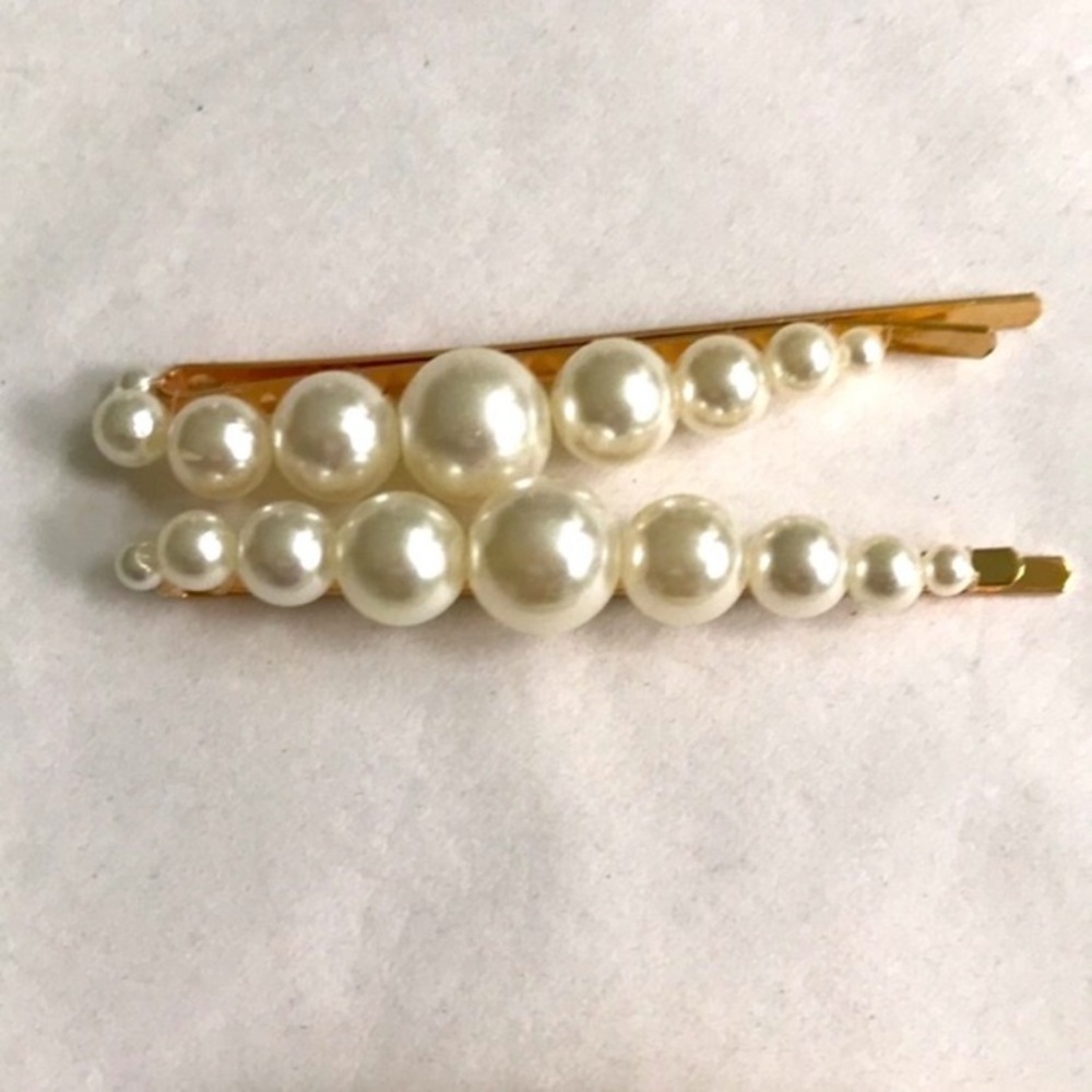 Ivory Pearl gold hairpin clip barrettes pair glam glitz bridal flower girl prom - Picture 2 of 9